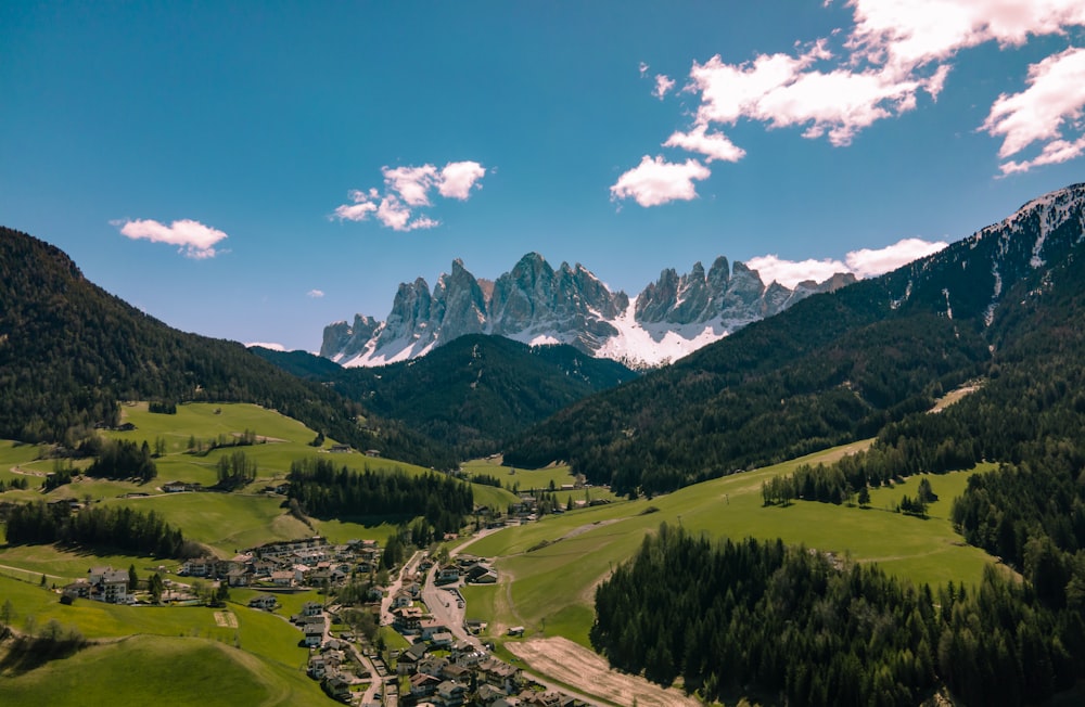 a scenic view of a valley with mountains in the background