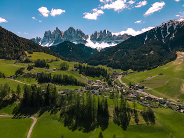 A scenic view of the Himalayas with a luxury resort nestled among pine trees.