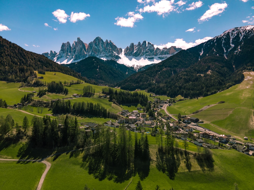 an aerial view of a green valley with mountains in the background