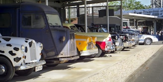 A row of vintage and classic cars is parked under a shelter. The vehicles display a variety of styles and colors, including a white car with black cow patterns, a blue van, a yellow taxi, a red classic car, and a police vehicle at the end. The setting is outdoors, with sunlight casting shadows on the concrete surface and some greenery visible in the background.