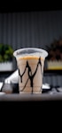a plastic cup with a black and white design on it