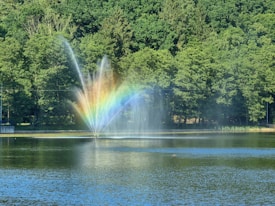 A vibrant rainbow forms as water sprays into the air from a fountain in a serene body of water, with lush green trees in the background.