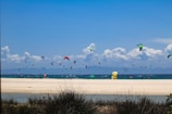A lively beach scene with numerous colorful kites in the sky, indicative of kitesurfing activities. The bright blue sky is dotted with fluffy white clouds, and the sandy beach is bordered by sparse vegetation in the foreground. The distant horizon features a line of mountains beneath the cloud cover.