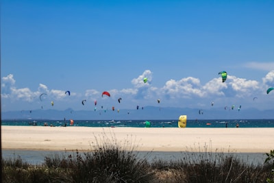 A lively beach scene with numerous colorful kites in the sky, indicative of kitesurfing activities. The bright blue sky is dotted with fluffy white clouds, and the sandy beach is bordered by sparse vegetation in the foreground. The distant horizon features a line of mountains beneath the cloud cover.