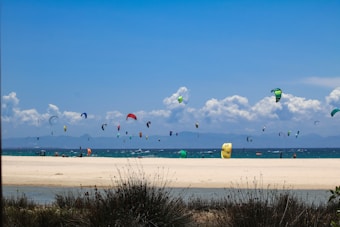 A lively beach scene with numerous colorful kites in the sky, indicative of kitesurfing activities. The bright blue sky is dotted with fluffy white clouds, and the sandy beach is bordered by sparse vegetation in the foreground. The distant horizon features a line of mountains beneath the cloud cover.