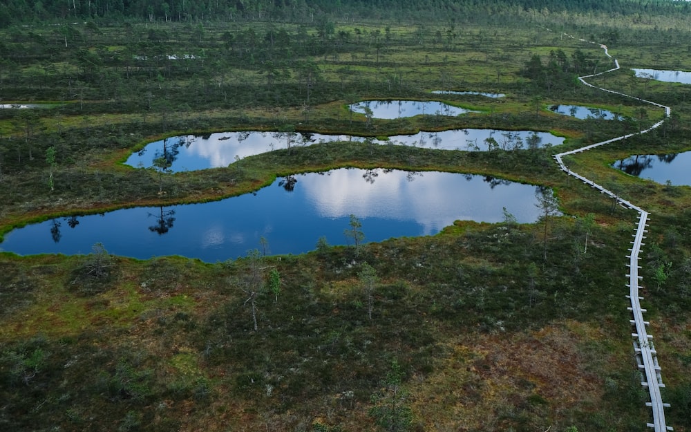 une vue aérienne d’une zone marécageuse avec plusieurs lacs