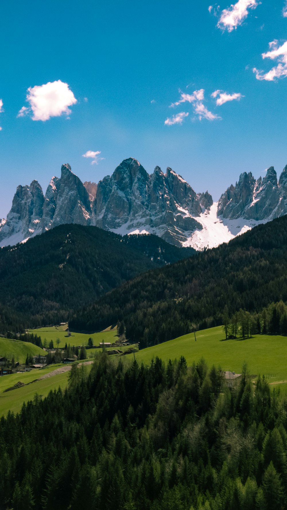 a view of a mountain range with trees in the foreground