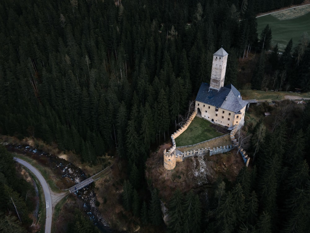 an aerial view of a castle in the middle of a forest