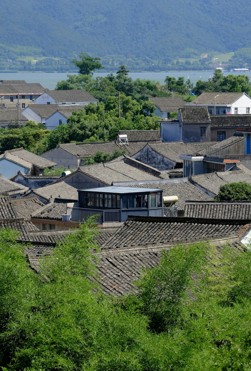 a view of a city with a mountain in the background