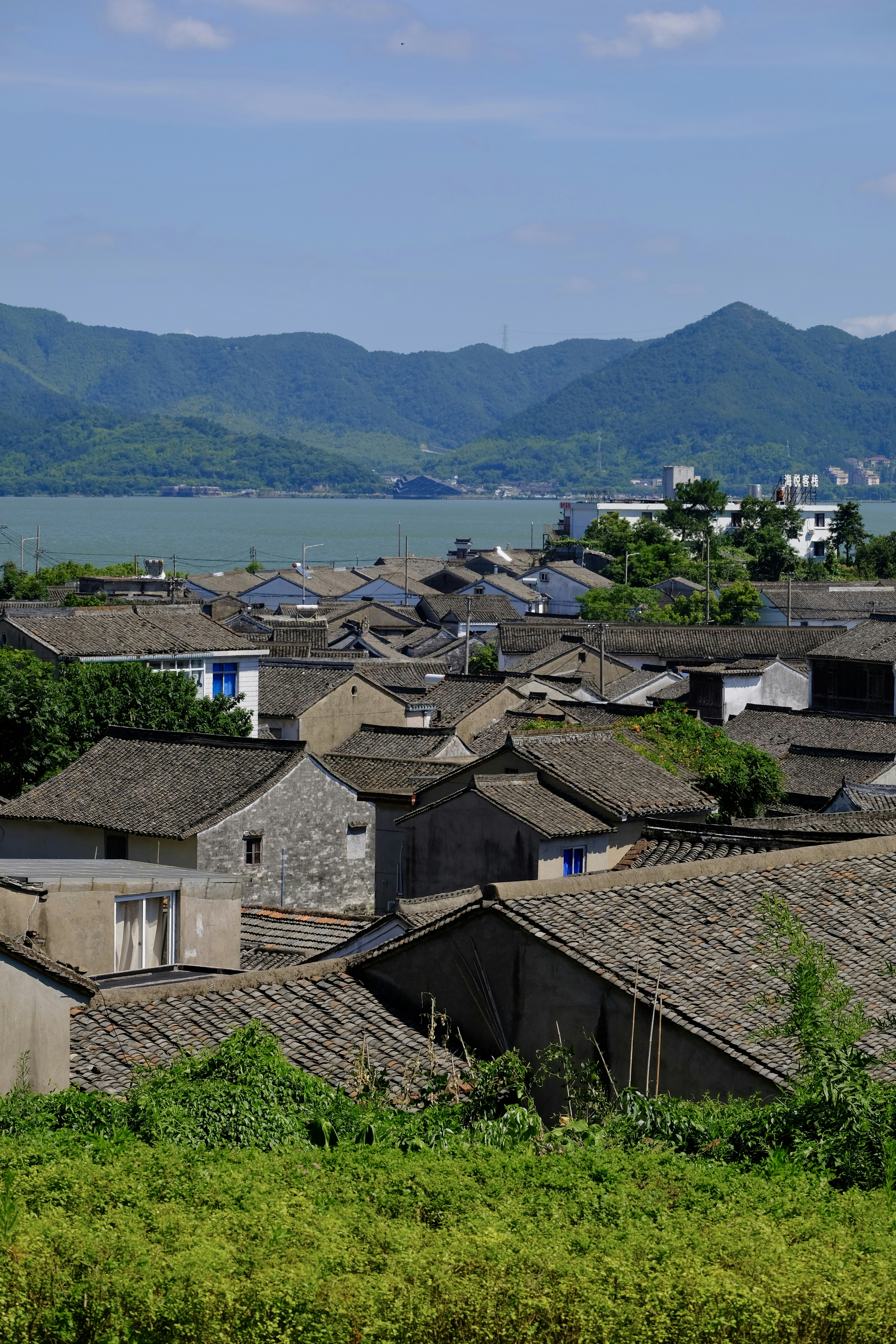 山を背景にした村の眺め