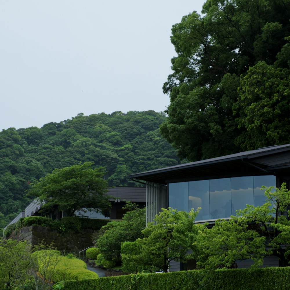 a house with a mountain in the background