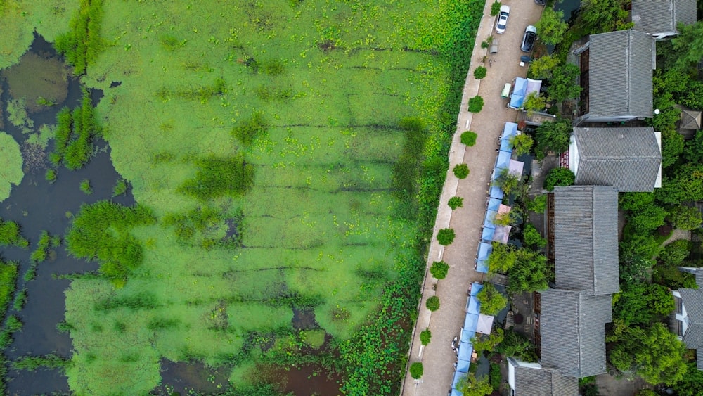 an aerial view of a green field with houses