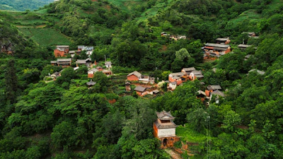 A lush Minecraft landscape showing a thriving village surrounded by forests and mountains.