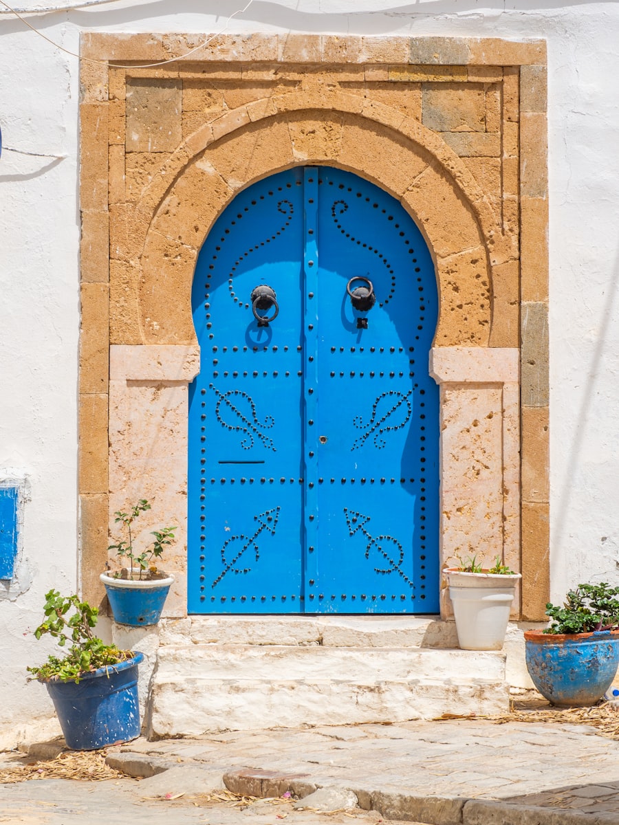 A cobalt blue door in a whitewashed Tunisian coastal alley, framed by potted plants