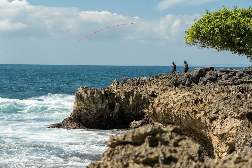 a couple of people standing on top of a rocky beach