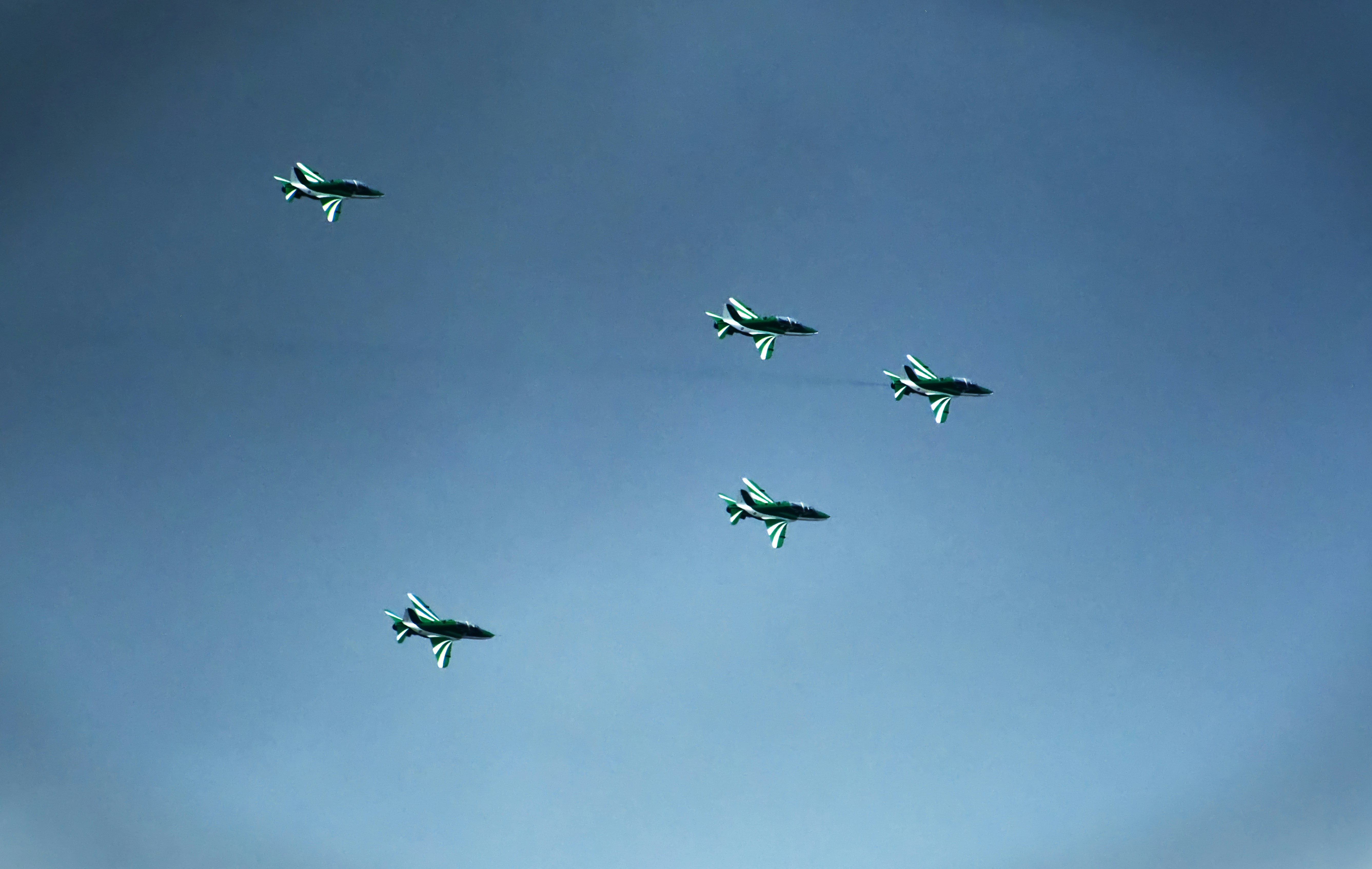 Eine Gruppe von Kampfjets, die durch einen blauen Himmel fliegen