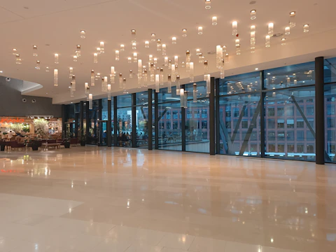 A panoramic shot of a commercial space with elegant lighting and sophisticated décor.