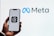 A person holds a smartphone displaying a logo with an '@' symbol inside a square. In the background, the logo and name 'Meta' are visible, with the infinity symbol in blue next to the word 'Meta' in black.