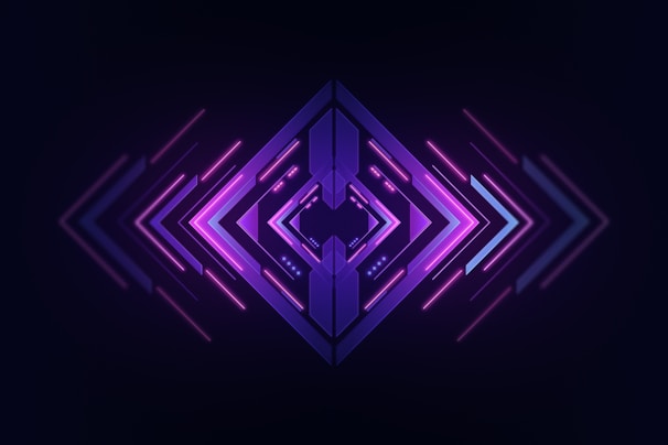 A symmetrical, futuristic design centered around a combination of arrows and lines, predominantly in purple and pink hues with a gradient effect. The arrows point outward from the center, giving a sense of movement and dynamic flow.