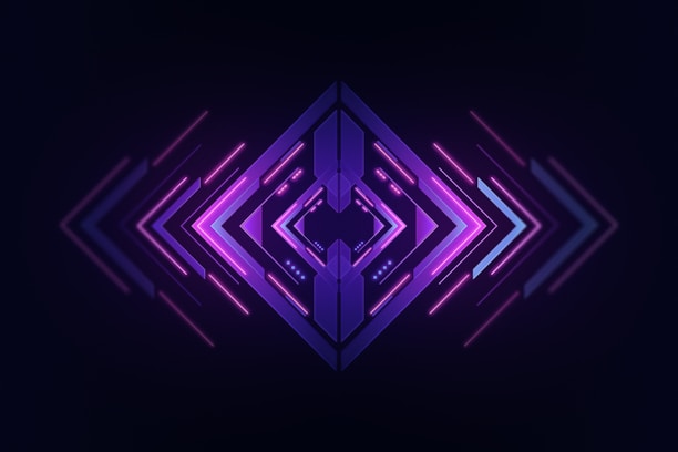 A symmetrical, futuristic design centered around a combination of arrows and lines, predominantly in purple and pink hues with a gradient effect. The arrows point outward from the center, giving a sense of movement and dynamic flow.
