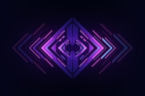 A symmetrical, futuristic design centered around a combination of arrows and lines, predominantly in purple and pink hues with a gradient effect. The arrows point outward from the center, giving a sense of movement and dynamic flow.