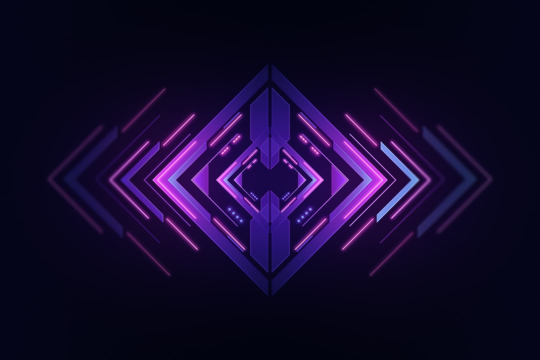 a dark background with a purple geometric design,
