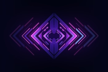 A symmetrical, futuristic design centered around a combination of arrows and lines, predominantly in purple and pink hues with a gradient effect. The arrows point outward from the center, giving a sense of movement and dynamic flow.