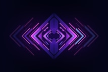 A symmetrical, futuristic design centered around a combination of arrows and lines, predominantly in purple and pink hues with a gradient effect. The arrows point outward from the center, giving a sense of movement and dynamic flow.