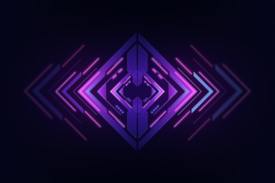 A symmetrical, futuristic design centered around a combination of arrows and lines, predominantly in purple and pink hues with a gradient effect. The arrows point outward from the center, giving a sense of movement and dynamic flow.