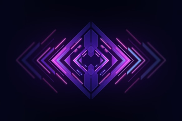 A symmetrical, futuristic design centered around a combination of arrows and lines, predominantly in purple and pink hues with a gradient effect. The arrows point outward from the center, giving a sense of movement and dynamic flow.
