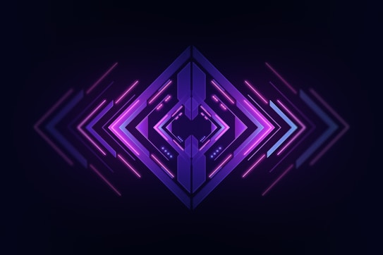 A symmetrical, futuristic design centered around a combination of arrows and lines, predominantly in purple and pink hues with a gradient effect. The arrows point outward from the center, giving a sense of movement and dynamic flow.