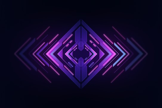 A symmetrical, futuristic design centered around a combination of arrows and lines, predominantly in purple and pink hues with a gradient effect. The arrows point outward from the center, giving a sense of movement and dynamic flow.
