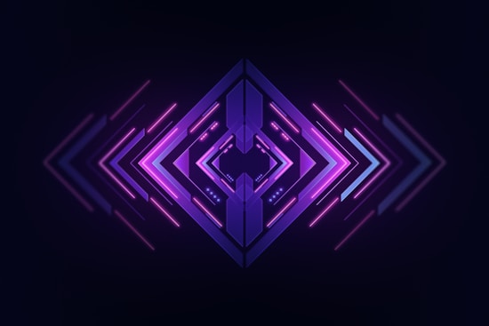 A symmetrical, futuristic design centered around a combination of arrows and lines, predominantly in purple and pink hues with a gradient effect. The arrows point outward from the center, giving a sense of movement and dynamic flow.