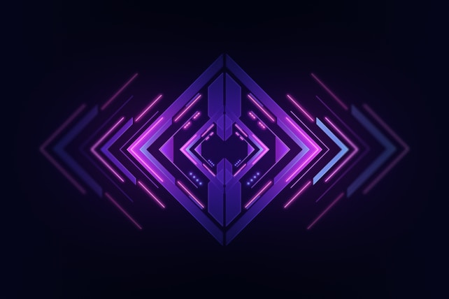 A symmetrical, futuristic design centered around a combination of arrows and lines, predominantly in purple and pink hues with a gradient effect. The arrows point outward from the center, giving a sense of movement and dynamic flow.