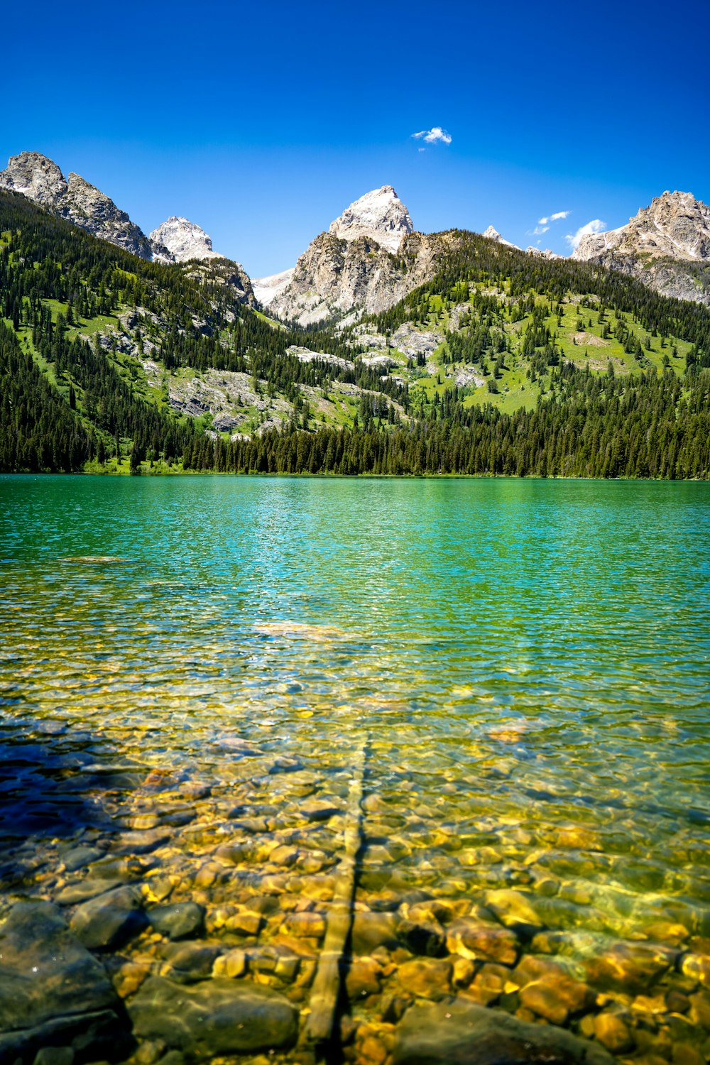 a lake surrounded by mountains with rocks in the water