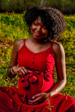 a woman in a red dress sitting on the grass
