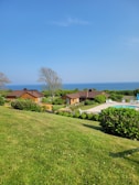 A scenic landscape with a manicured lawn leading to several wooden cabins surrounded by lush greenery. The ocean is visible in the background under a clear blue sky. There are some trees and a swimming pool with lounge chairs nearby.