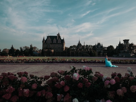An elegant castle stands in the background with cloudy blue skies overhead. A garden filled with blooming pink and white flowers lines the foreground. A person wearing a flowing blue gown walks across a paved pathway, adding a touch of fairytale-like magic to the scene.
