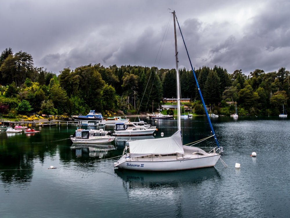 a group of boats floating on top of a lake