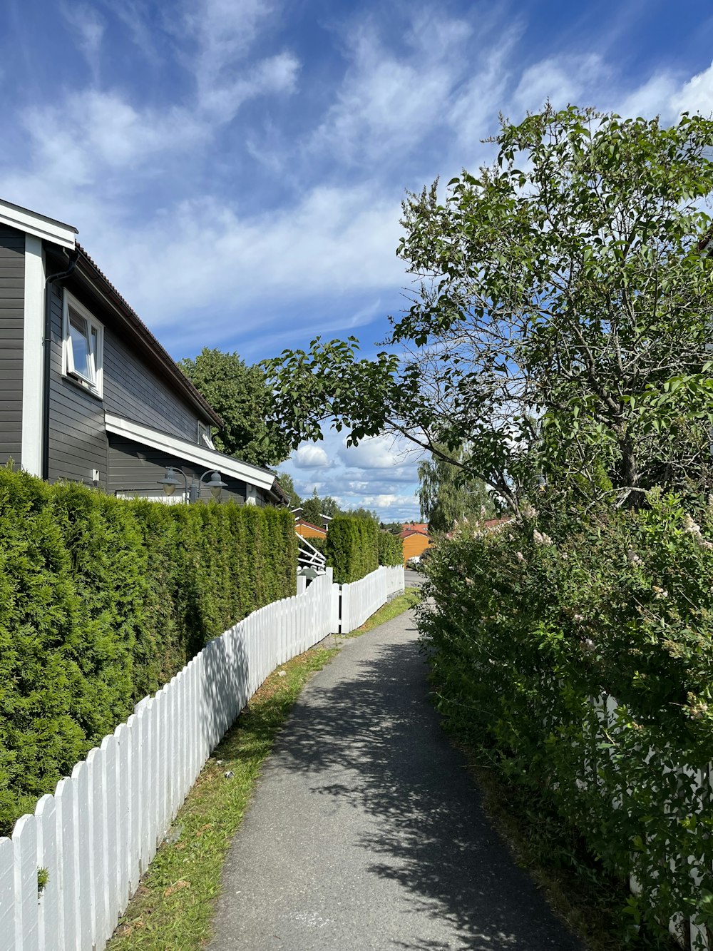 a street with a white fence and a black house