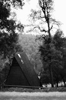 A black and white photograph of an A-frame cabin nestled in a wooded area with tall trees surrounding it. The cabin has a rustic appearance with a steep roof, set against a backdrop of hills covered with dense forest. The scene is tranquil, capturing the essence of a secluded getaway in nature.