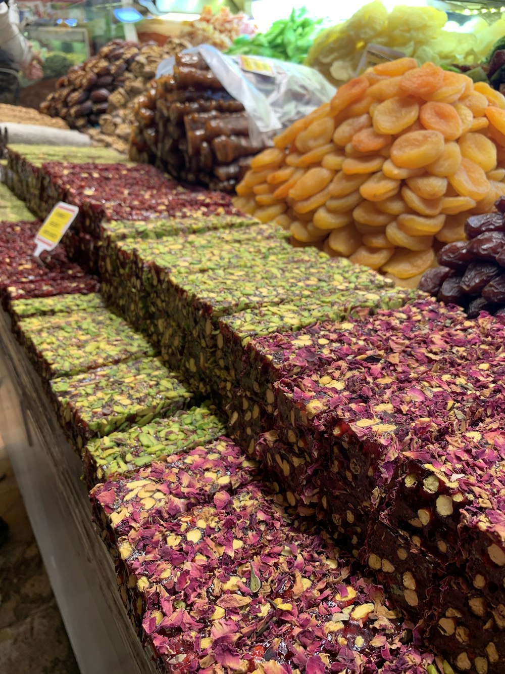 a variety of dried fruits and vegetables on display