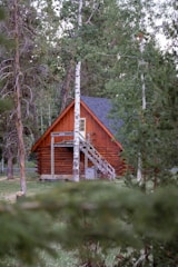 a cabin in the woods with stairs leading up to it