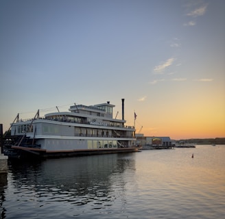 A large paddleboat named Paddlefish is docked on a calm body of water during sunset. The boat has a sleek, multi-deck design with large windows and a visible American flag. The sky is gradient blue to orange, and a nearby structure can be seen, possibly a harbor or restaurant.