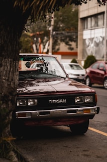 A vintage Nissan vehicle is parked partially behind a tree on a city street. The car's front is visible, displaying its logo, with the body painted in a shade of maroon. Surrounding the car are other vehicles parked nearby, and a building with reflective windows in the background. Lush green foliage adds a touch of nature to the urban setting.