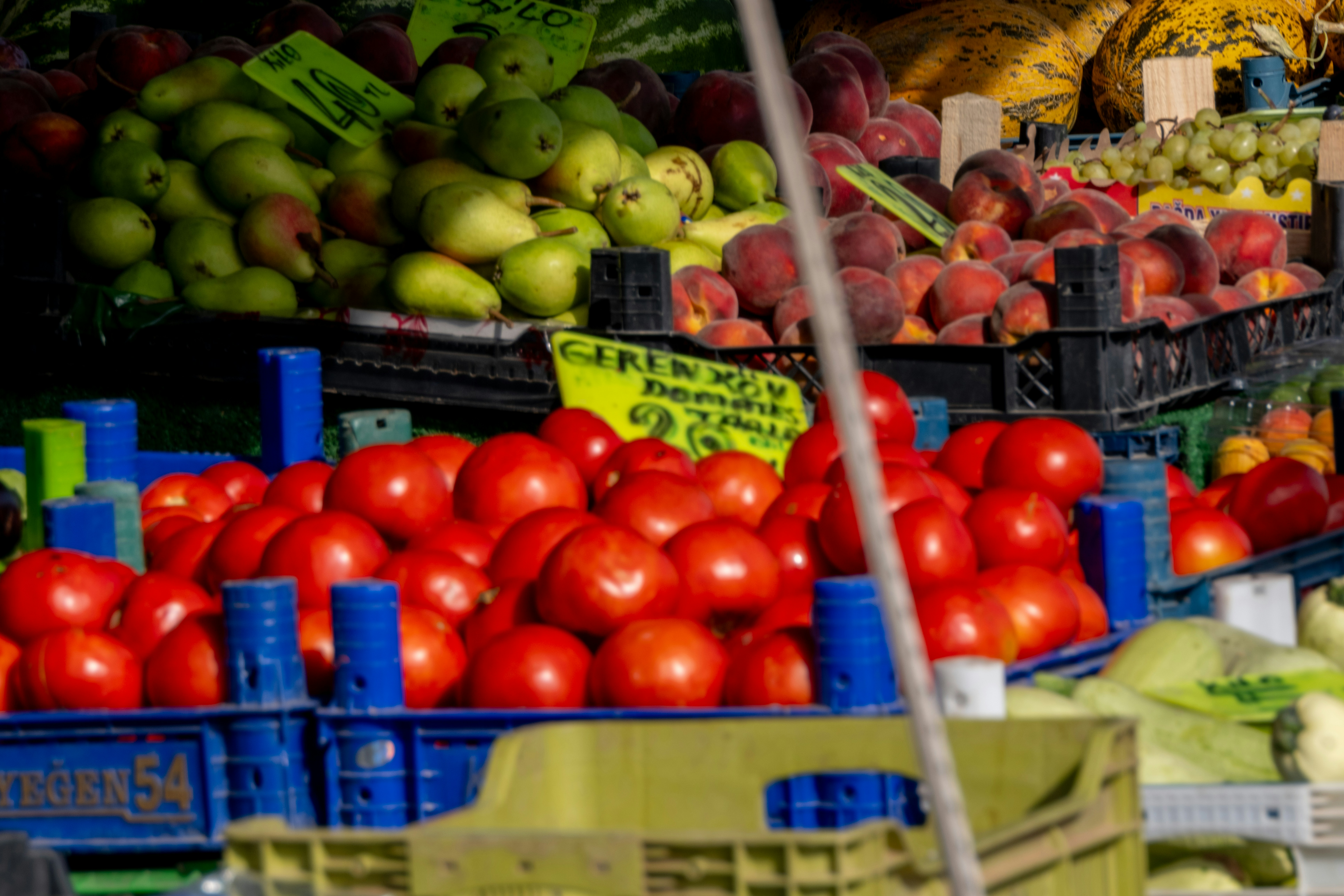 a display of fresh fruits and vegetables at a market