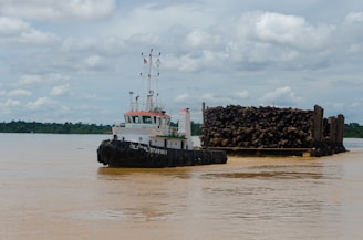 A tugboat is pulling a large barge stacked with cut logs on a wide river. The water is brownish, suggesting sediment or muddy conditions. Lush greenery is visible on the far bank under a cloudy sky.