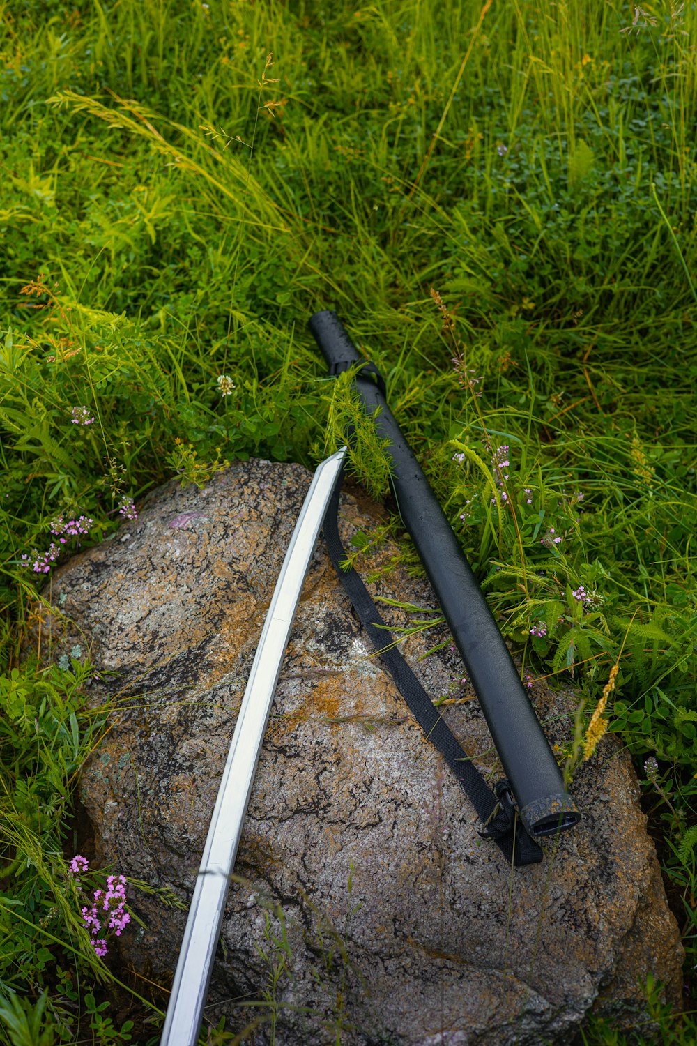 a sword laying on top of a rock in the grass