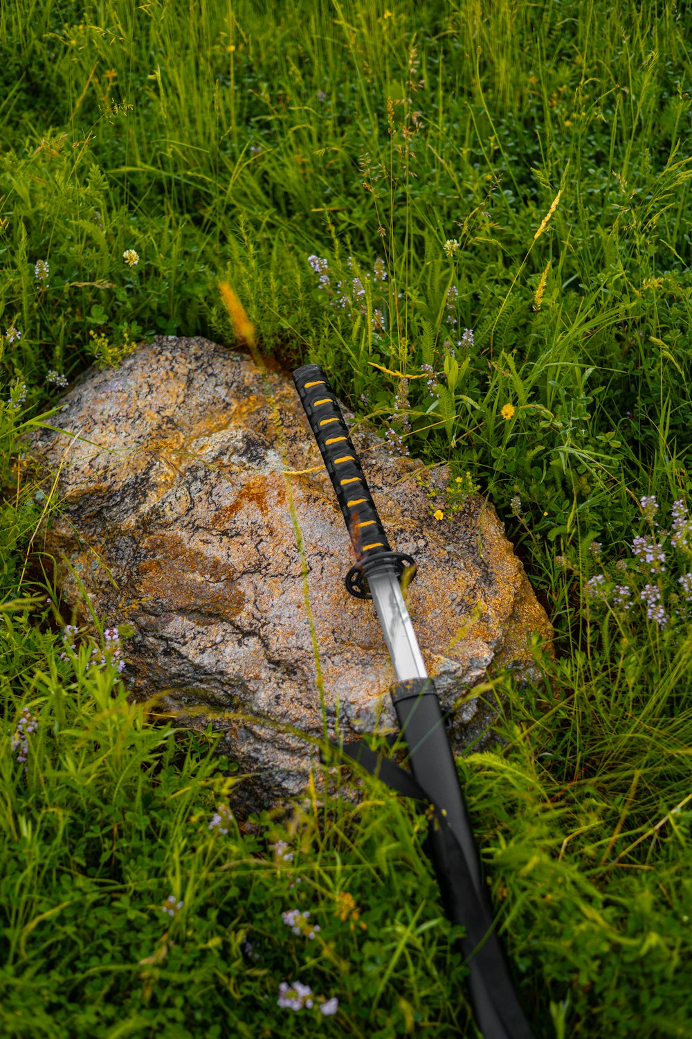 a sword laying on top of a rock in the grass