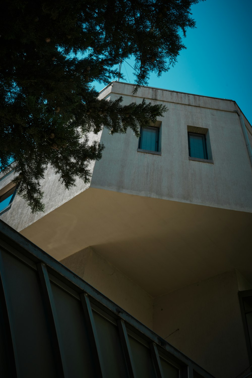 a tall building with two windows next to a tree